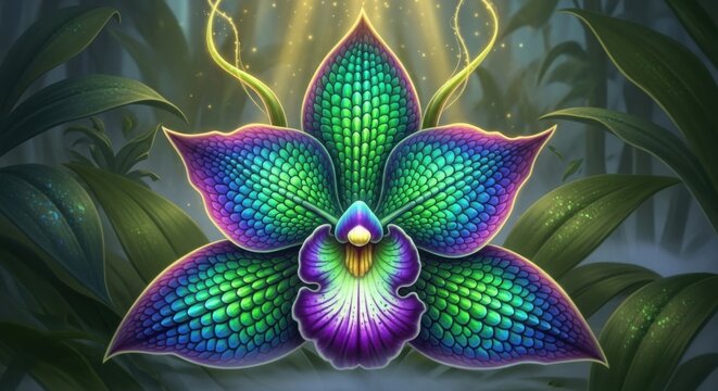 Fantasy orchid bloom in detailed macro vibrant botanical beauty and green leaf background