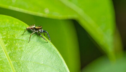 A small spider with yellow stripes sits on a vibrant green leaf