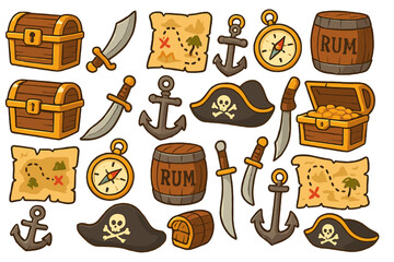 Treasure hunting adventure with maps, swords, compasses, and pirate-themed decorations