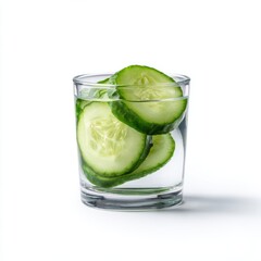 A clean, transparent glass of water with a slice of cucumber, isolated on a pure white background. Refreshment, spa-like.