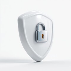 A stylized white "shield" icon with a padlock, isolated on a pure white background. Ultimate security, protection.