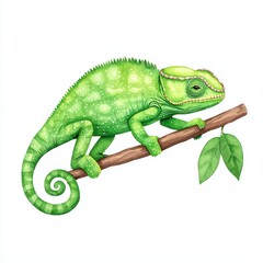 Fototapeta premium Green Chameleon Resting on Branch with Leaves Illustration