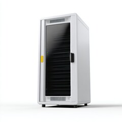 A small, white generic server rack unit, isolated on a pure white background. Data center, infrastructure.