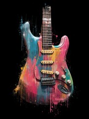 Fototapeta premium a vibrant electric guitar splashed with colorful paint is set against a stark black background the grainy paper texture is subtly implied