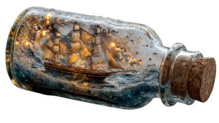 Vintage sailing ship in a bottle with stormy sea and sparkling lights, isolated on transparent background