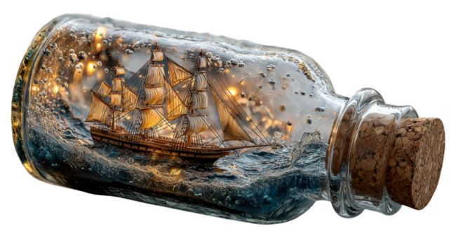 Vintage sailing ship in a bottle with stormy sea and sparkling lights, isolated on transparent background