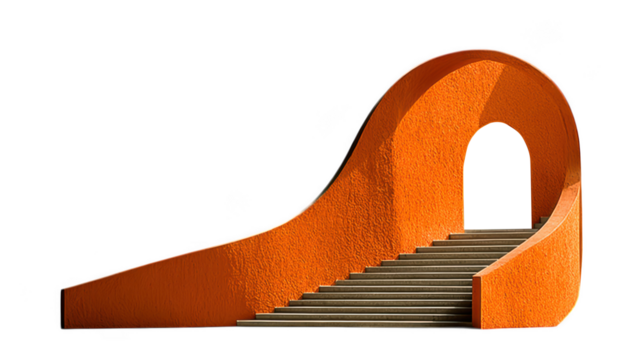 Modern orange architectural structure with stairs and arch, isolated on transparent background