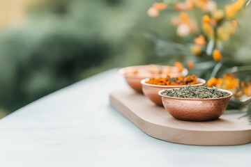 Rustic copper bowls holding dried natural herbs and spices for wellness and culinary creations on blurred botanical background display