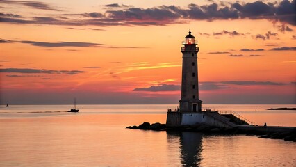 Lighthouse at Sunset Over Calm Sea. AI Generated.
