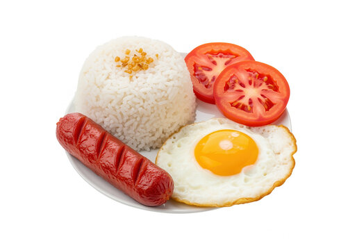 Classic Filipino Breakfast: Rice, Fried Egg, Sausage, and Tomato