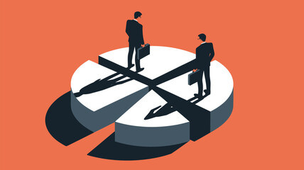 Two businessmen are standing on a pie chart representing market share and financial strategy