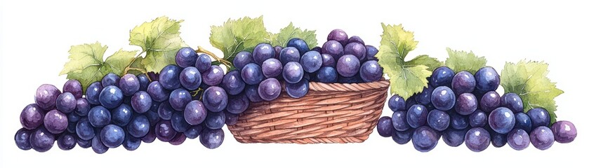 Fresh Grapes in a Basket with Green Leaves and Vines