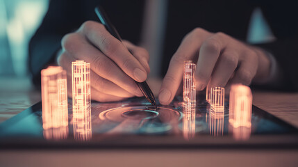 Azure and rose gold abstract reflects on smooth surface. Hands touch screen. Useful for tech branding, digital presentation, website header.