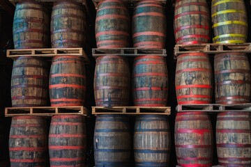 Colorful Stacked Wooden Barrels