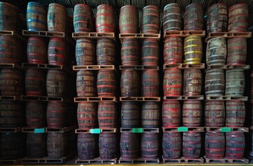 Fototapeta premium Stacked wooden barrels in a warehouse with colorful stripes.