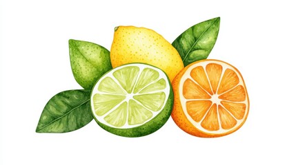 Bright Citrus Fruits with Leaves on White Background