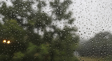 Atmospheric view of a rainy day through a window glass covered in water droplets