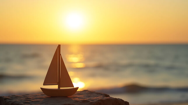 Small sailboat silhouette on beach rock against golden sunset ocean horizon