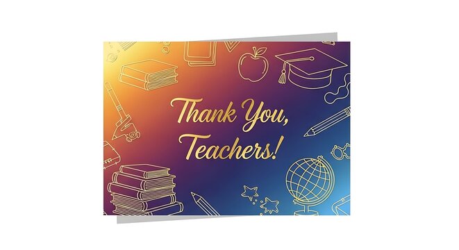 A thank you teachers card with school icons and a colorful gradient background on a white background - Powered by Adobe