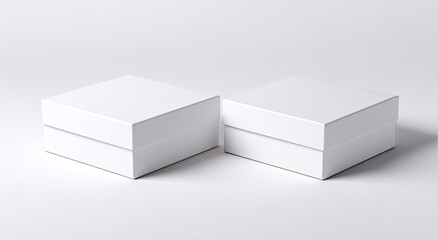 Fototapeta premium Two blank, square, white cardboard boxes, side by side on a white surface