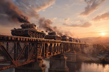 Column Battle Tanks Rolling