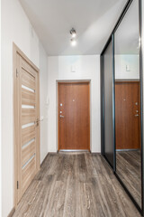 Modern Home Entryway with Wooden Door and Mirrored Sliding Wardrobe