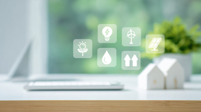 Holographic ESG icons floating above modern office desk, green energy, sustainability, innovation, and eco friendly technology