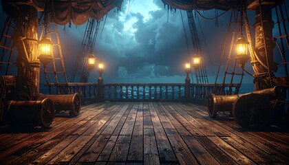 Dark, stormy night scene on a weathered wooden pirate ship deck, with cannons and lanterns