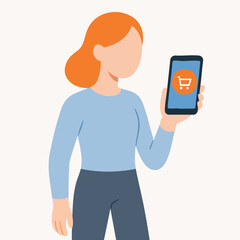 Flat Woman with Smartphone Online Shopping Cart Application Illustration