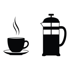 Hot coffee cup and french press flask silhouette vector