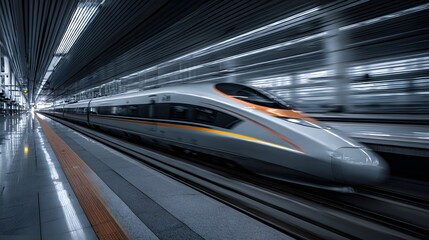 Fototapeta premium Fast Train Arriving Platform. Commuters Wait in Hall. For News, Brochure