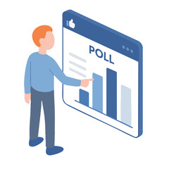 Isometric Illustration of Man Pointing at Poll Chart Data on Screen