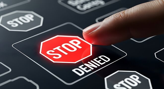 Finger Touching a "Stop Denied" Sign on a Digital Security Interface