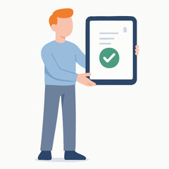 Flat Style Man Holding Tablet with Checkmark Document Approval Illustration