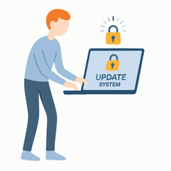 Flat Illustration Man Typing on Laptop for System Update Notification