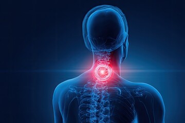 3D anatomical illustration of a painful neck vertebrae.  Red pain highlight on the cervical spine.  Human skeleton visible