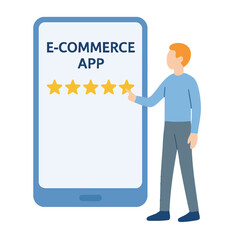 Flat Cartoon Man Tapping Five Star Rating On E-Commerce App