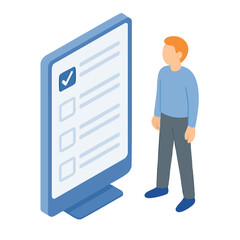Isometric Man Stands Beside Digital Checklist Interface Display Illustration