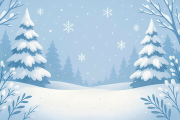 Obraz premium Horizontal white and blue winter background with snowy fir trees and empty space for text