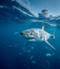 Fototapeta premium Great white shark underwater near fishing boats