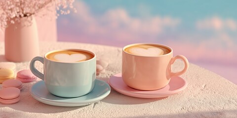 Fototapeta premium Two pastel cappuccino cups on pale table, soft pink-blue tones, warm coffee break together