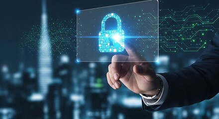  Finger Touching a Glowing Padlock Icon on a Futuristic Cybersecurity Dashboard