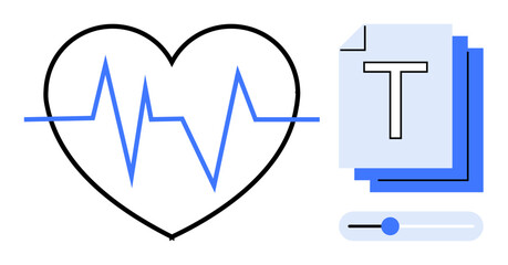 Heartbeat within heart shape next to stack of documents and slider for personalization. Ideal for health, medical data, customization, user preferences, digital tools, wellness, simple landing page