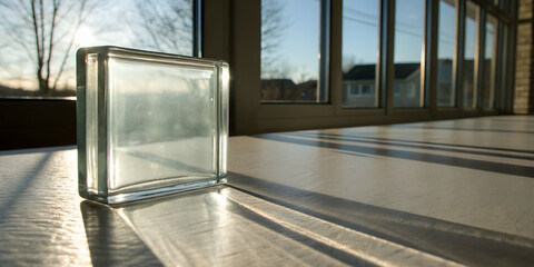 Glossy rectangular glass block casting a soft long shadow for minimalist design mockups and visuals
