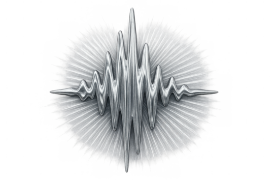 Chrome sound wave vibrating with bright light effect, isolated on transparent background, ideal for music and audio concepts