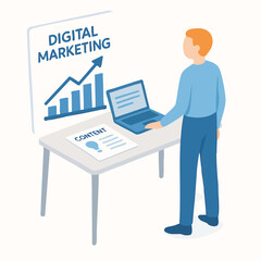 Modern Isometric Digital Marketing Business Presentation with Laptop and Man Illustration