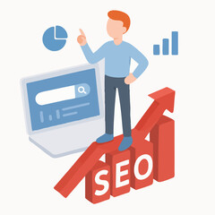 Modern Flat Style SEO Optimization Illustration with Laptop and Chart