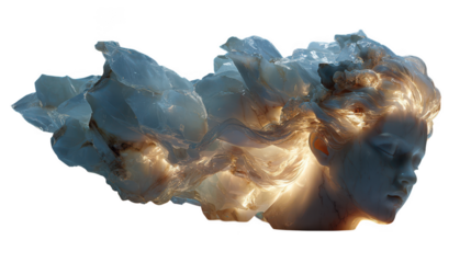 A sculpted face resembling a womans head emerging from a translucent crystalline rock formation, isolated on white isolated on transparent background