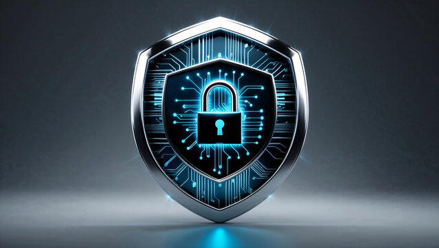 Futuristic chrome shield with glowing blue circuits and a metallic lock symbol at center. Neon accents on a dark gradient backdrop evoke data protection and high-tech security.