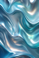Obraz premium Abstract iridescent wallpaper in calming blue tones features smooth flowing gradients and shimmering pearlescent accents. Glossy, fluid, holographic texture reflects light softly, perfect for modern
